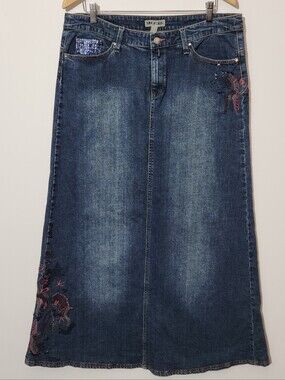 MANGO JEANS Denim Maxi‎ Skirt with Embroidered Detail - Dark Blue